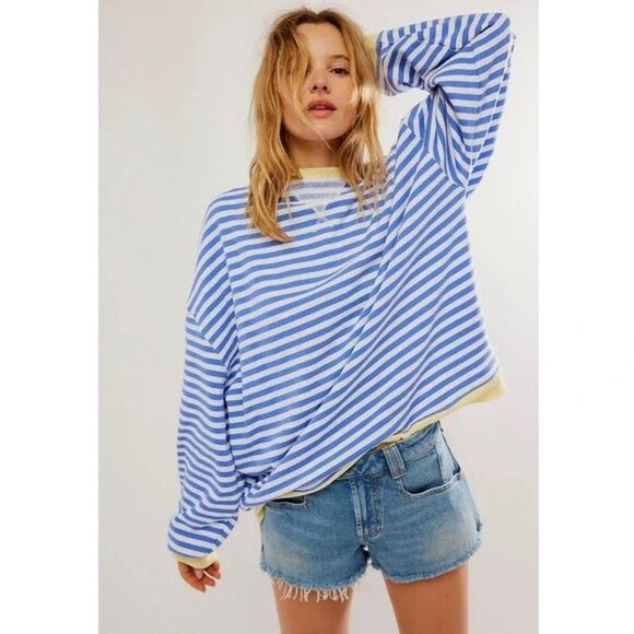 Free People Tops - NWOT Free People We the Free Striped Crewneck Cobalt Combo size- MEDIUM